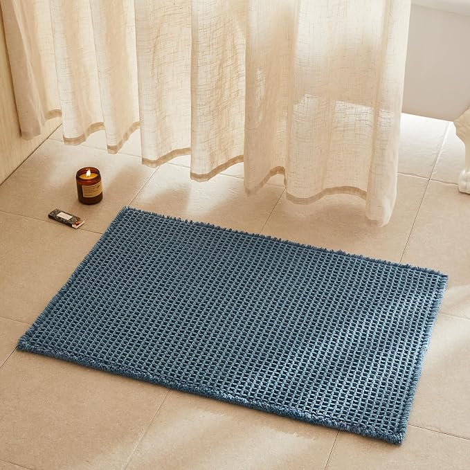 TYUU Waffle Bath Mat, Boho Bathroom Rugs Non Slip Washable Super Absorbent Quick Dry Bath Mat Farmhouse Bathroom Decor, 36"x24" Denim Blue