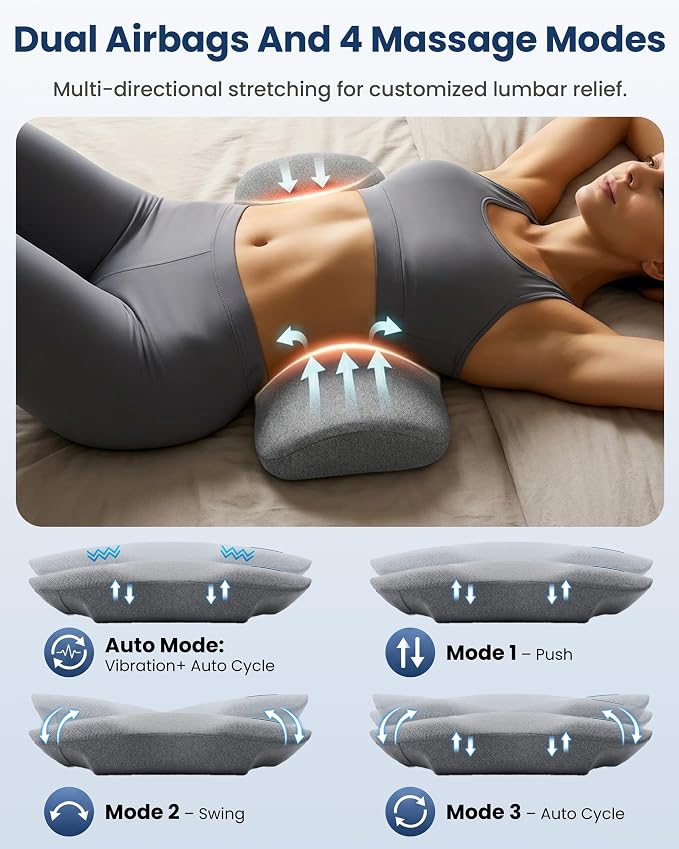 COMFIER 3-in-1 Cordless Lumbar Support Pillow with Remote Control, Smooth Spine Triple Fusion Back Massager with Graphene Heat, Vibration & Stretching, Ergonomic Lower Back Massager