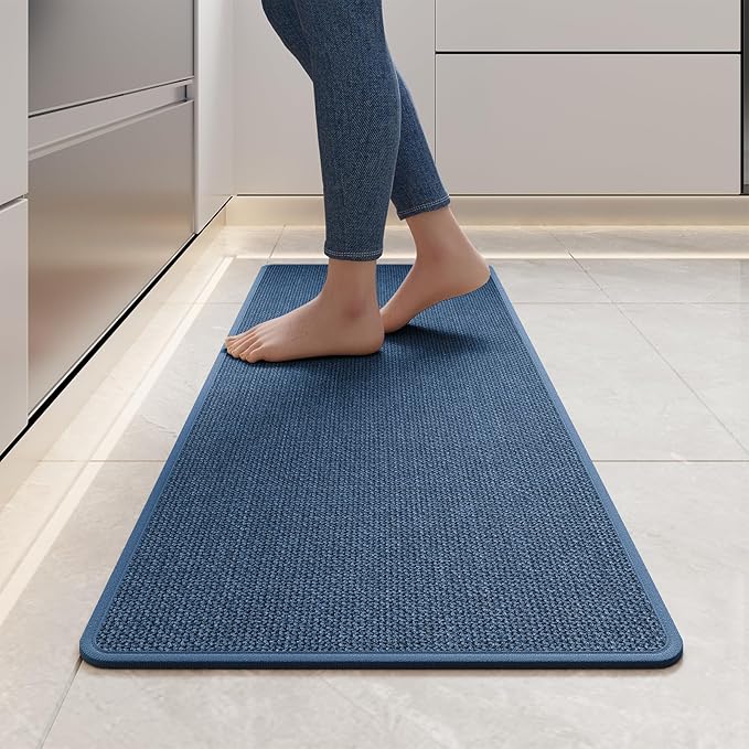 YDKGL Kitchen Mats for Floor, Super Absorbent Kitchen Rugs Non Slip Washable, Soft Imitation Linen Braided Kitchen Runner Rug, Standing Mat Sink Mat, Easy to Clean, Blue 17x47