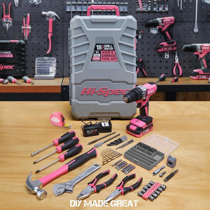 Hi-Spec Cordless Drill Tool Set: Pink Power Drill for Women used for DIY, Building and Fixing Tasks Easy to use All In One Set in Pink Color Stored in a Case 81 Pieces