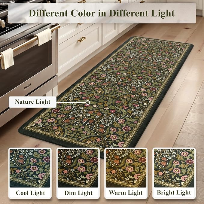Collive Anti Fatigue Kitchen Mats, Spring Green Floral Kitchen Rugs Sets of 2 Non Slip Waterproof Standing Mat, Washable Vintage Comfort Desk Rug for Office, Sink, Laundry, 17.3"x29"+17.3"x47"