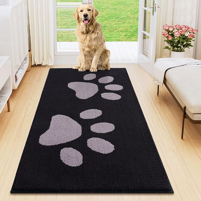 Smiry Dog Door Mat for Muddy Paws, Absorbs Moisture and Dirt, Low-Profile Entryway Mat with Non-Slip Backing, Entry Indoor Outdoor Doormat for Inside Floor (47x24 Inches, Black and Grey, Paw)