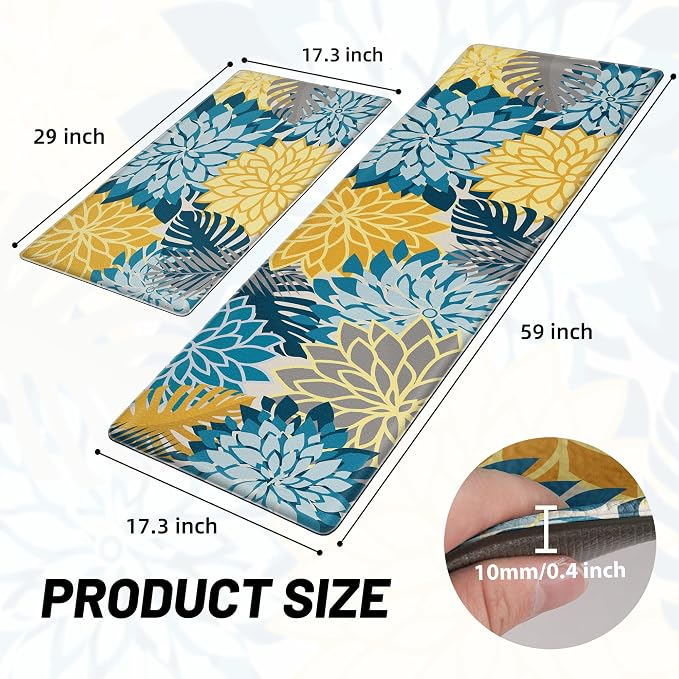 Arenarug Kitchen Mats for Floor 2PCS Cushioned Anti Fatigue Kitchen Mats Waterproof Non Slip Kitchen Rug Set Foam Standing Mat for Sink, Laundry, Office, 17.3" x 28" + 17.3" x 59", Yellow Teal