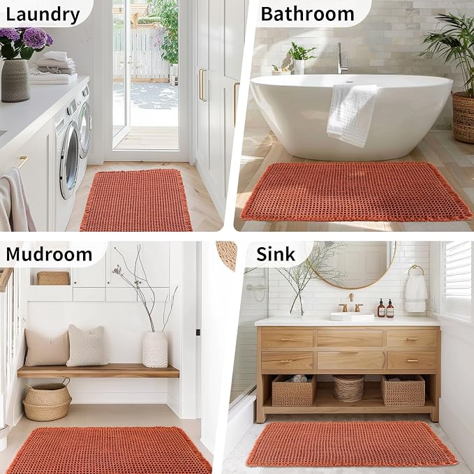 Waffle Bath Mat - Boho Bathroom Rugs Non Slip Washable, Super Absorbent & Quick Dry, Small Bath Mats Farmhouse Bathroom Decor, 18'' x 30'', Dirty Orange