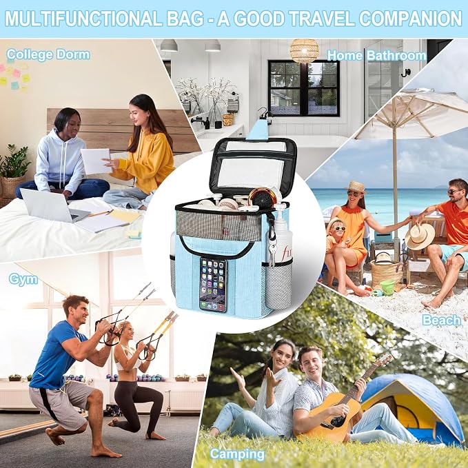 Attmu Shower Caddy Portable for Dorm Room Essentials, Hanging Shower Bag for College, Large Capacity Mesh Shower Caddy for Bath Essentials (Dusty Blue)
