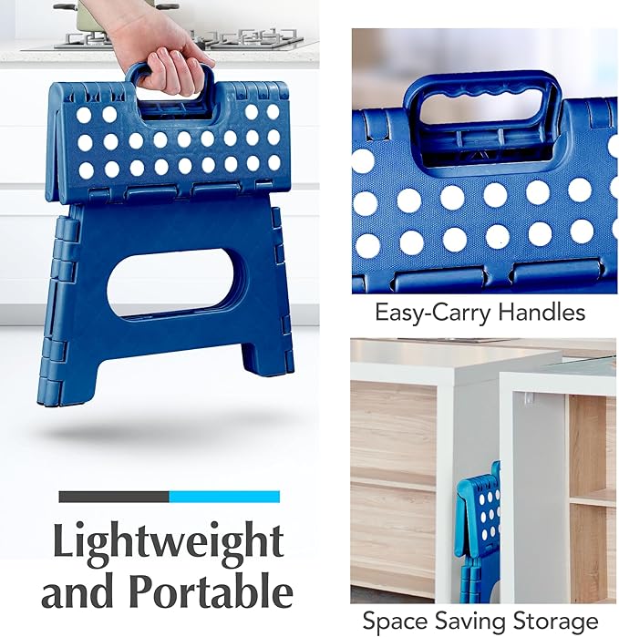 Handy Laundry Folding Lightweight Step Stool - Sturdy Enough to Support Adults - Opens Easy with One Flip - Great for Kitchen, Bathroom or Bedroom (Blue - 9 Inch)