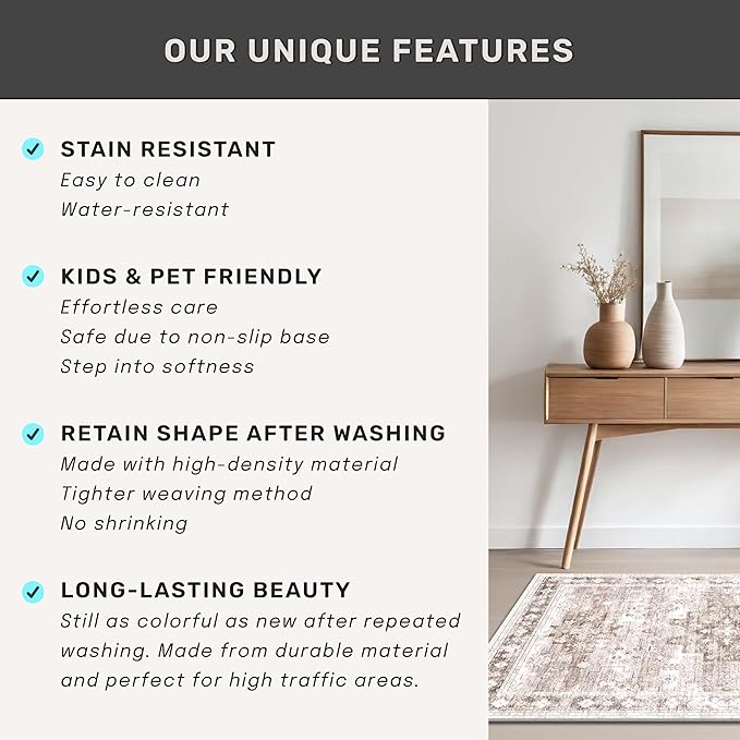 Washable Boho 6x8 Area Rug for Living Room - Vintage Beige Dining Room Rug Under the Table, Low Pile Non-Slip Rugs for Bedroom, Office - Charming Geometric Decor & Stain Resistance (6x8 Beige/Latte)