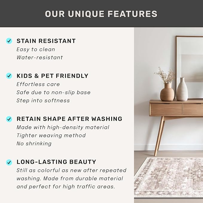 Hazo Haus Boho Washable 3x10 Hallway Runner Rug, Beige Waterproof Large Kitchen Floor Rug Indoor, Non-Slip Stain & Fade Resistant, Vintage Floral Décor (3x10 Beige/Latte)
