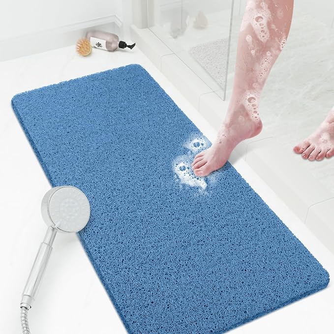 Shower Mat Bathtub Mat Non-Slip,36x16 inch, Soft Tub Mat with Drain,PVC Loofah Bath Mat (Phthalate Free) for Tub and Bathroom,Lake Blue