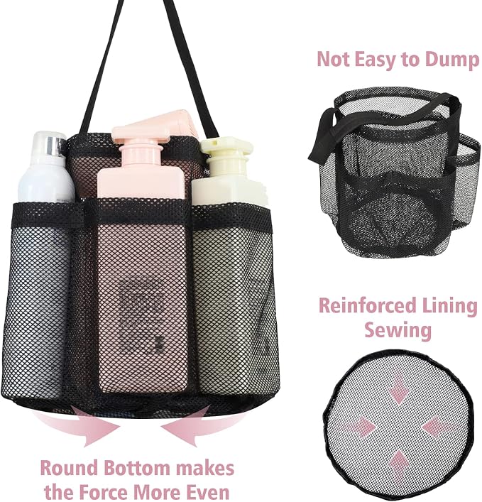 F-color Mesh Shower Caddy Portable, Large Capacity Shower Bag Basket Tote for College Dorm Room Toiletry Gym Rv Essentials, Bathroom Caddy Bag with S Hook, Black