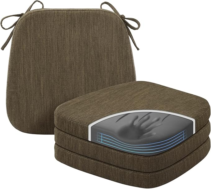 baibu Kitchen Chair Cushions Set of 4, Dual-Layer Patented Design Memory Foam Dining Chair Pads with Ties and Washable Cover, 4 Pack, 17" x 16" x 2", Brown