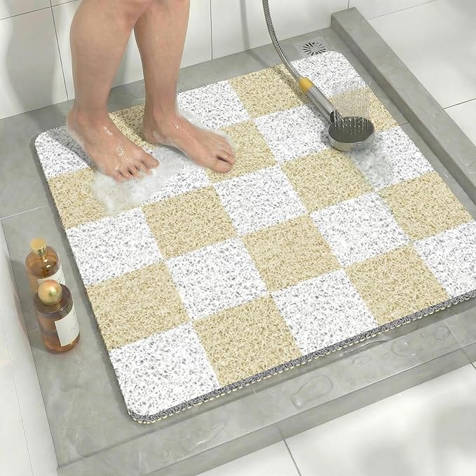 Square Loofah Shower Stall Mat 24"x24", Quick Drying Shower Mats with Drain, PVC Loofah Bath Mat for Wet Room & Bathroom Floor, Soft Textured & Elderly Safe, Washable & Resistant, Beige Checkered
