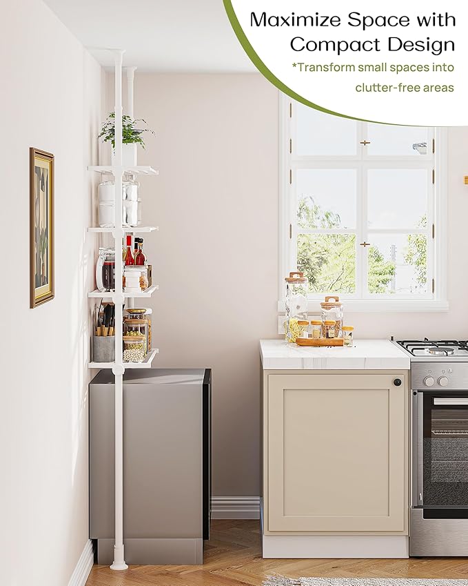 ALLZONE Adjustable Over The Toilet Storage Shelf, 4-Tier Ample Bathroom Organizer and Storage, Tension Mounted Above Toilet Storages Cabinet for Versatility, Fits 66-113 Inch Heights, White