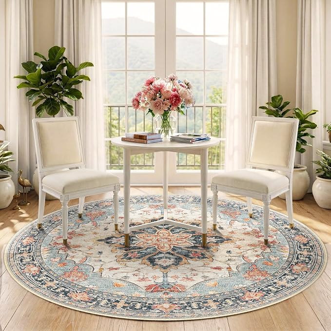 RELEANY Area Rugs Round 5ft Washable Non-Slip, Floral Vintage Distress Medallion Carpet for Living Room Bedroom Dining Room, Beige Navy Blue Orange Colorful
