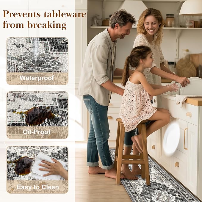 Boho Kitchen Mats for Floor 2 Piece Set Anti Fatigue Cushioned PVC Kitchen Rugs Non Slip Waterproof Farmhouse Mats 2/5 Inch Comfort Standing Mat for Laundry, 17.3"x47"+17.3"x28", Black Brown Grey