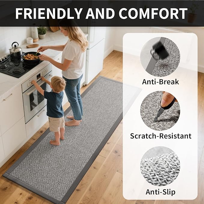 YDKGL Kitchen Mats for Floor, Rubber Backing Kitchen Rugs Non Slip Washable, Super Absorbent Jute-Like Braid Kitchen Runner Rug Sink Mat Standing Mat, Easy to Clean, Gray 17"x30"
