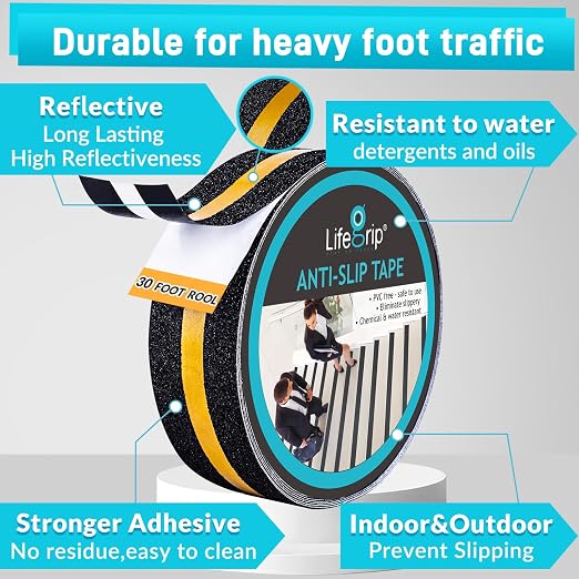 LifeGrip Anti Slip Traction Tape with Reflective Stripe, Best Grip, Friction, Abrasive Adhesive for Stairs, Tread Step, Indoor, Outdoor, Black (2" X 30')