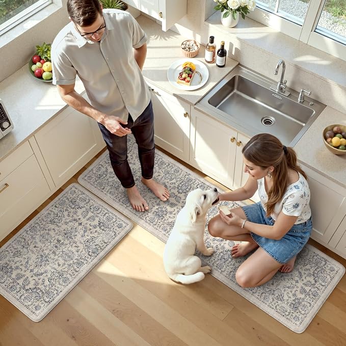 KIMODE Kitchen Floor Mats Cushioned Anti Fatigue,Boho Floral Rugs Sets of 2,Ergonomic Memory Foam Carpet Non Slip 20" x 71"+20" x 32", Wide Long Comfort Runner for Sink Laundry Office,Blue