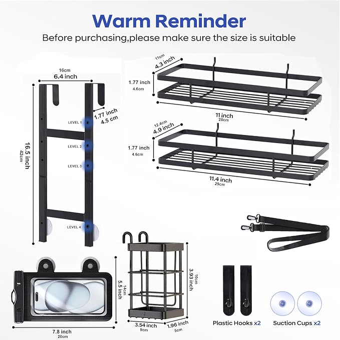 Over the Door Shower Caddy Hanging, Rustproof Shower Shelves with Waterproof Phone Pouch, 2-Tier Adjustable Bathroom Organizers and Storage, No Drilling Shower Shelf, Black Shampoo Soap Holder