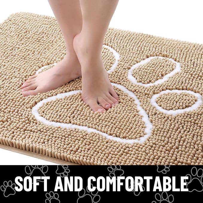 Smiry Dog Door Mat for Muddy Paws, Absorbent Dirt Trapper Non Slip Quick Dry Washable Chenille Mat for Mud Dogs, Entry Rug for Indoor and Outdoor (34x21 Inches, Beige and White)