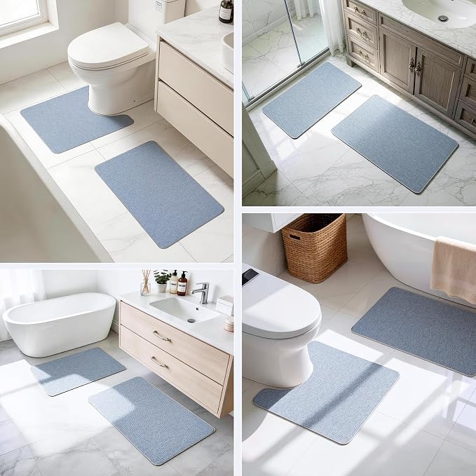 Bathroom Rugs Sets 2 Piece, Thin Bath Mat & U-Shaped Contour Toilet Rug Absorbent Quick Dry, Machine Washable, Non Slip Low Pile Bath Mats for Bathroom/Tub/Sink/Shower (30"x20" Plus 24"x20" U, Blue)