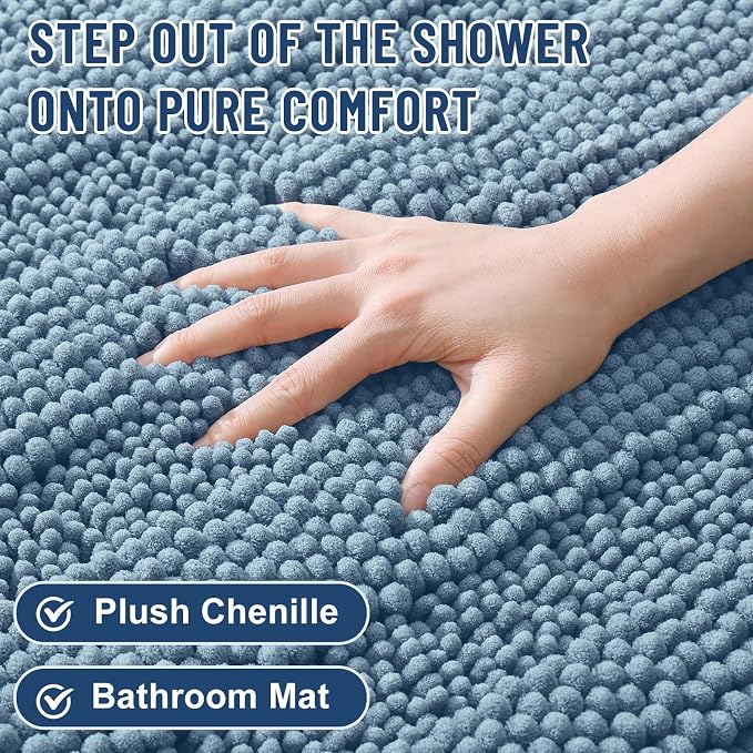 Grandaily Chenille Striped Bathroom Rugs 47x32, Extra Thick and Soft Absorbent Bath Mats, Rubber Backing, Plush Shaggy Shower Carpet, Machine Wash Dry, Bath Rug for Bathroom, Airy Blue
