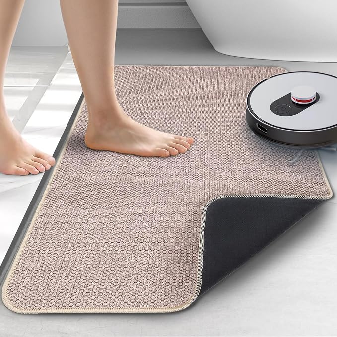 Upgraded Bath Mat 24x36Inch, Thin Bath Mats Rugs with Rubber Backing Non-Slip, Absorbent,Quick Dry Machine Washable, Home Decor Accessories Cozy Cloth Bathroom Rugs fit Under Door/Sink/Tub-Biege