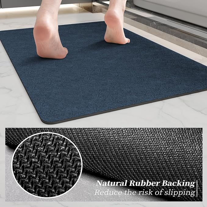 Bath Mat Rugs 32x17 - Diatomaceous Earth Bath Mat Quick Dry Absorbing Bathroom Rugs Rubber Non Slip Thin Bathroom Mat Fit Under Door, Bath Mats for Bathroom, Tub and Shower, Sink, Navy Blue