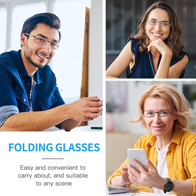 touk Foldable Reading Glasses Anti Blue Light, Soft Nose Pad Spring Hinge Compact Readers Portable Case for Men Women 2 Pack
