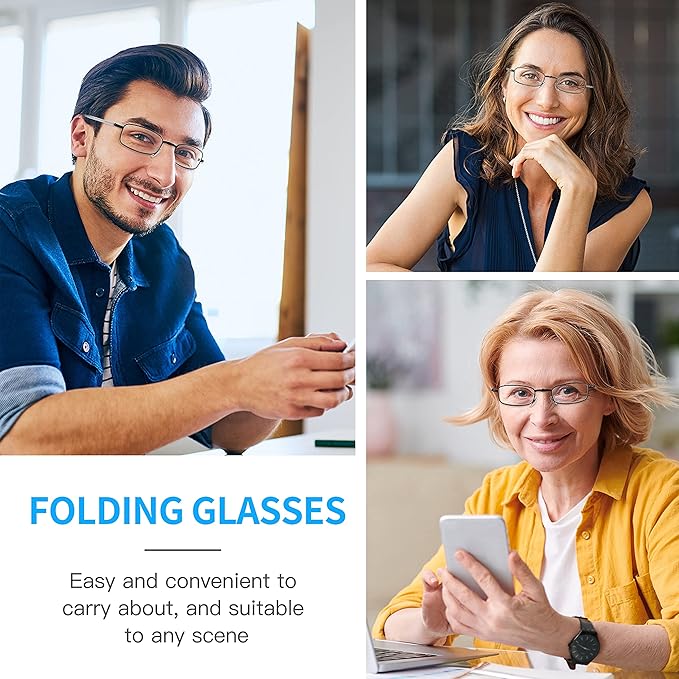 touk Foldable Reading Glasses Anti Blue Light, Soft Nose Pad Spring Hinge Compact Readers Portable Case for Men Women 2 Pack