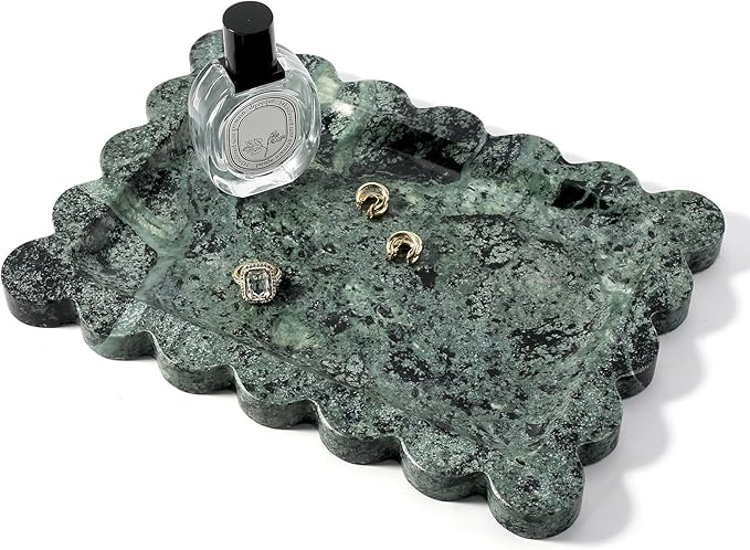 Koville Scalloped Marble Tray, 11"x8" Marble Vanity Tray for Countertop Bathroom Kitchen Dresser, Natural Stone Tray for Jewelry Perfume Home Decor, Decorative Catchall Trays(Green)