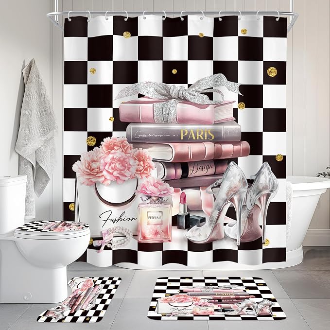 4Pcs Black white Checkered Plaid Shower Curtain Set, Pink Fashion Flower Perfume High Heels Books Bathroom Curtain with Rug, Toilet Lid Cover, Bath Mat, Women Girl Shower Curtain with 12 Hooks