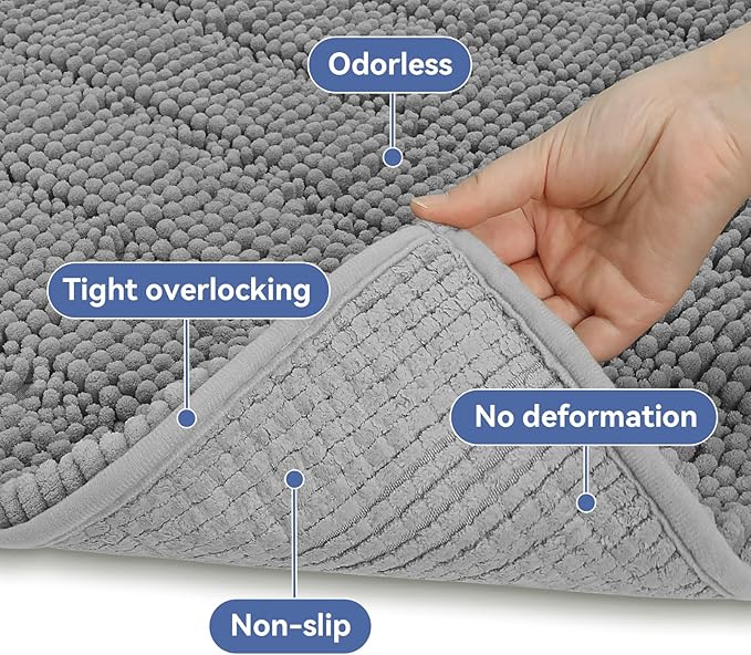 Bcoimo Long Bathroom Rug, Chenille Bath Runner with High Low Pile Design, Soft Absorbent Non Slip Bath Mat, Machine Washable Quick Dry Rug for Shower, Tub, Sink and Vanity