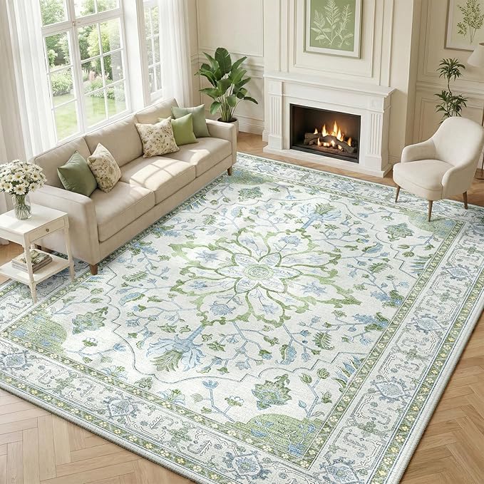 RELEANY Area Rugs Large 9'x12' Washable Non-Slip, Floral Vintage Distress Medallion Carpet for Living Room Bedroom Dining Room, Green White Blue