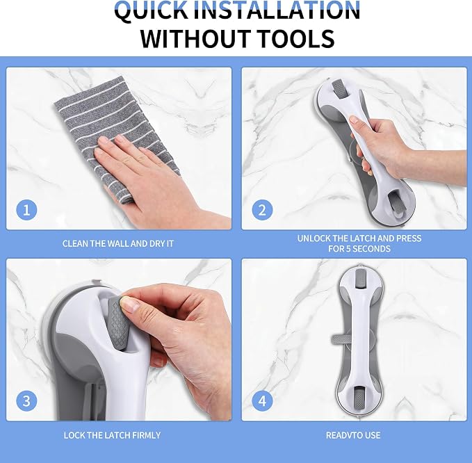 Strong Suction Grab Bars for Shower and Bathroom with 3 Suction Cups, Heavy Duty Safety Handles for Elderly and Seniors – No Drill Removable 2 Pack, Waterproof Non-Slip Bath Handr