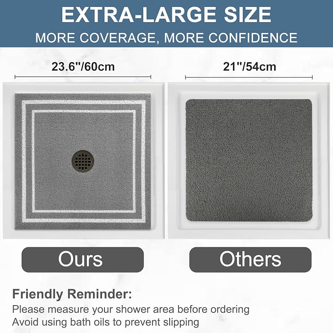 Square Shower Mat Non Slip: 27x27 Inch Extra Large Shower Mats for Inside Shower, Non Slip Shower Mat with Drain Hole in Middle- Anti Slip Shower Floor Mat, Loofah Shower Stall Mats for Elderly
