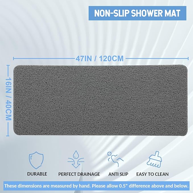 Hargiis Non-Slip Bathtub Mat, Anti Slip Shower Mat, Fast Drying Bathtub Mats, Foot Scrubber Mat, Anti Slip Mat for Tub, Floor, Bathroom, Kitchen, Home, Hotel (Grey 47"×16")