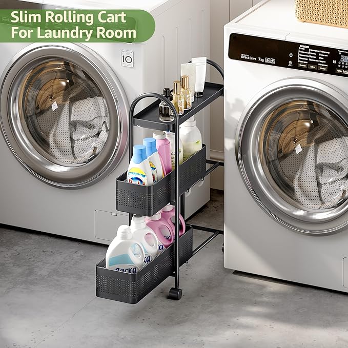 KINGRACK 3-Tier Slim Kitchen Storage Cart, Metal Utility Cart with Drawer, Rolling Trolley with Lockable Wheels, Easy Assembly Narrow Space Shelving for Kitchen Bathroom Laundry Room, Black