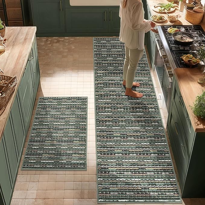 Kitchen Rugs Sets of 2-Non Slip Kitchen Mats for Floor-Thick Stain Resistant Vintage Kitchen Floor Mat Runner Carpet for Hallways Entryway Laundry Room Washable（Green 24"x70"+24"x35"）