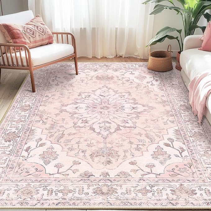 RELEANY Area Rugs 5'x7' Washable Non-Slip, Floral Vintage Distress Medallion Carpet for Living Room Bedroom Dining Room, Pink Greypink Cute
