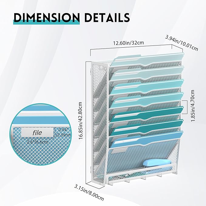 8-Tier Hanging Wall File Organizer with 5 Hooks, Mesh Wall File Holder Vertical Mount Mail Organizer for Papers, Folders, Magazines, Bills, Office and School, White