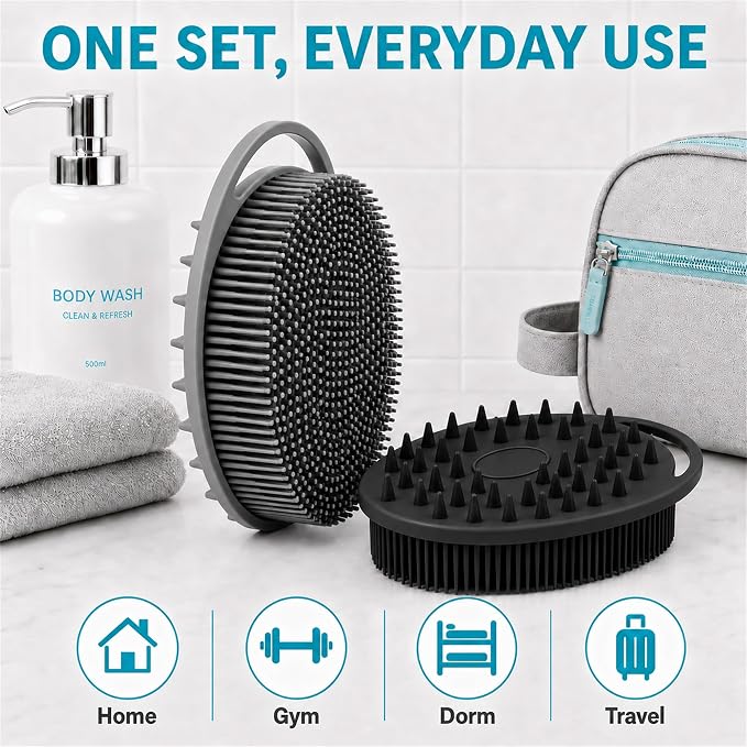 2 Pack Silicone Body Scrubber, Loofah Double-Sided Body Brush,Shower Scrubber and Scalp Massager Shampoo Brush for Sensitive Kids Women Men All Kinds of Skin (Black & Gray)