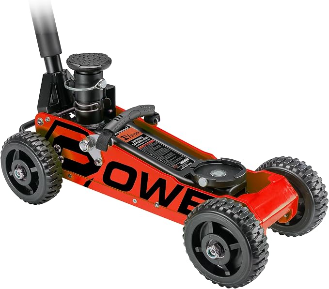 Powerbuilt 1.5 Ton Big Wheel Off Road Jack, Vehicle Lift for Trucks, SUVs, ATVs Offroad Vehicles, Oversized Wheels for Rugged Terrain, 3000 LB Capacity, Orange 620704ECE
