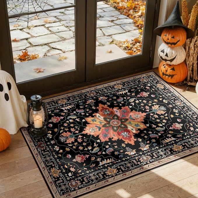 RELEANY Area Rugs 3'x5' Washable Non-Slip, Floral Vintage Distress Medallion Carpet for Living Room Bedroom Dining Room, Black Colorful Floral Dark Tan