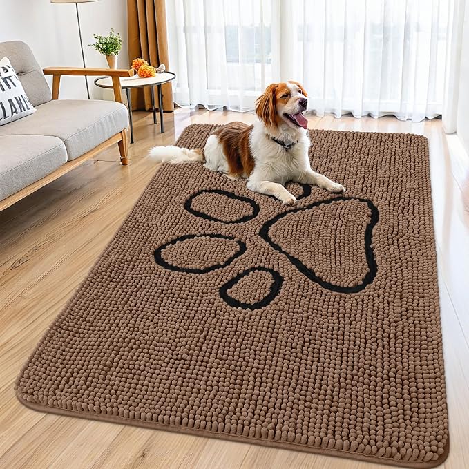 Smiry Dog Door Mat for Muddy Paws, Absorbent Dirt Trapper Non Slip Quick Dry Washable Chenille Mat for Mud Dogs, Entry Rug for Indoor and Outdoor (59x35 Inches, Coffee and Black)