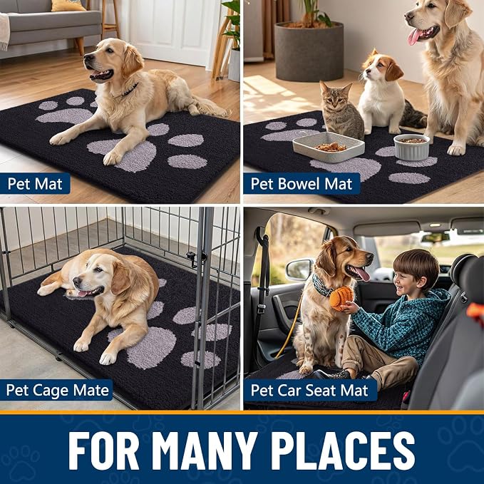 Smiry Dog Door Mat for Muddy Paws, Absorbs Moisture and Dirt, Low-Profile Entryway Mat with Non-Slip Backing, Entry Indoor Outdoor Doormat for Inside Floor (59x35 Inches, Black and Grey, Paw)