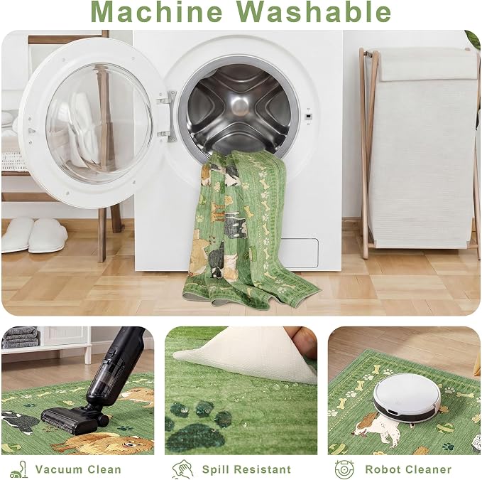 DUKINO 2.6x8 Washable Runner Rug for Hallway, Non Slip Animal Dog Kitchen Rug with Low Pile Design, Ultra Soft & Stain Resistant Indoor Carpert Runner for Entryway, Bedroom, Laundry, Bathroom, Green