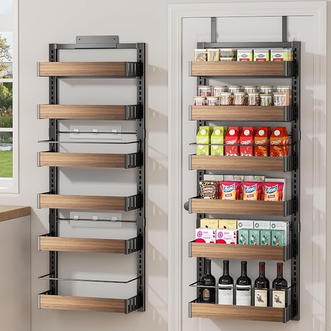 POKIPO 6 Tier Over The Door Pantry Organizer, 2-in-1 Door Hanging or Wall Mounted Spice Rack, Large Heavy Duty Pantry Door Storage Seasoning Shelves with Adjustable Basket for Kitchen Bathroom Closet
