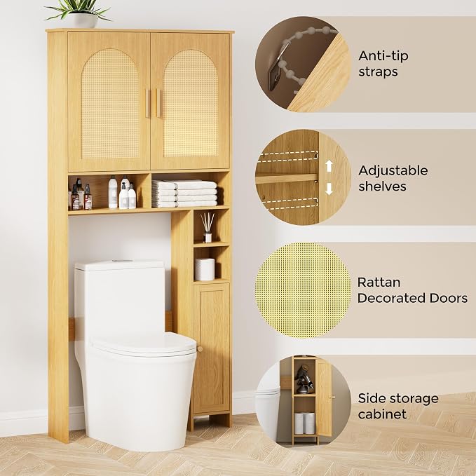 Homhedy 67" H Over The Toilet Storage Cabinet, Boho Bathroom Organizer with Rattan Decorated Doors, Adjustable Shelves, Toilet Paper Holder, Space-Saving Bathroom Shelf for Small Spaces, Natural