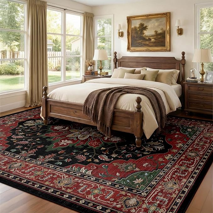RELEANY Area Rugs 8'x10' Washable Non-Slip, Floral Vintage Distress Medallion Carpet for Living Room Bedroom Dining Room, Red Black